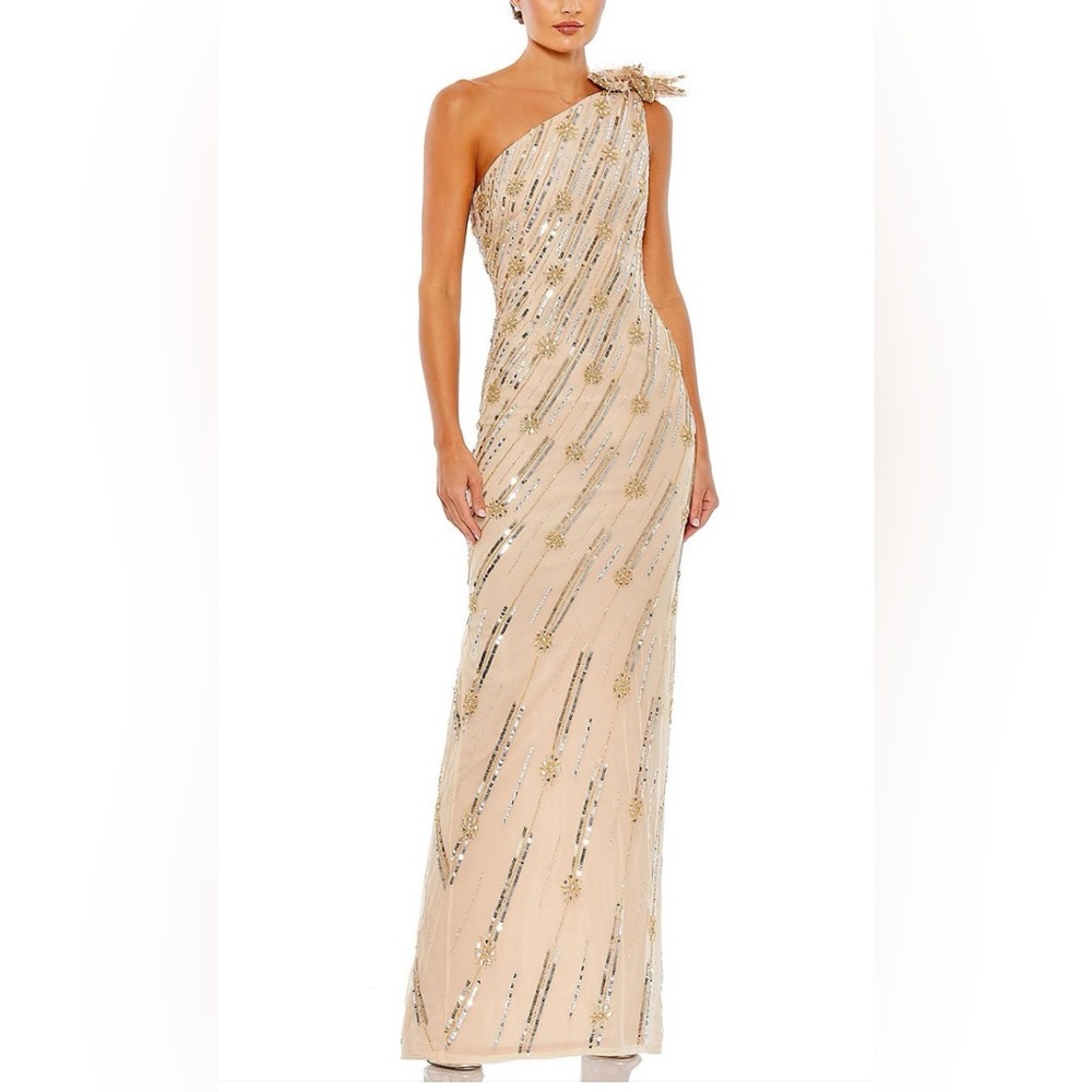 NWT Mac Duggal Nude/Gold Embellished Floral Gown One Shoulder Size 8 $498 93739